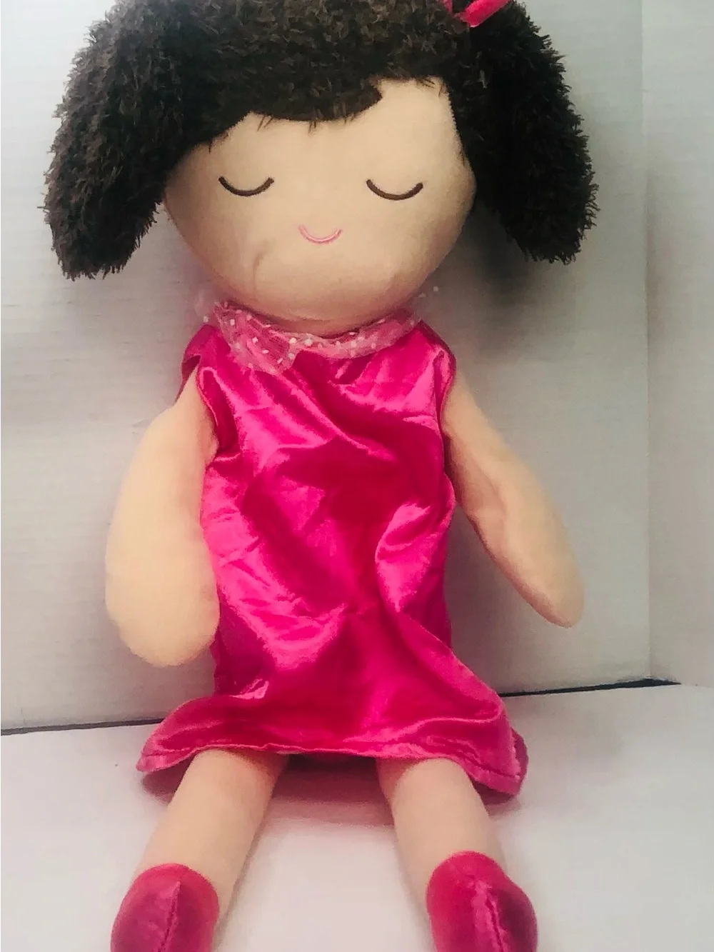 Pottery Barn Kids Princess Plush Doll Brunette Pigtails Pink Brown Satin Dress